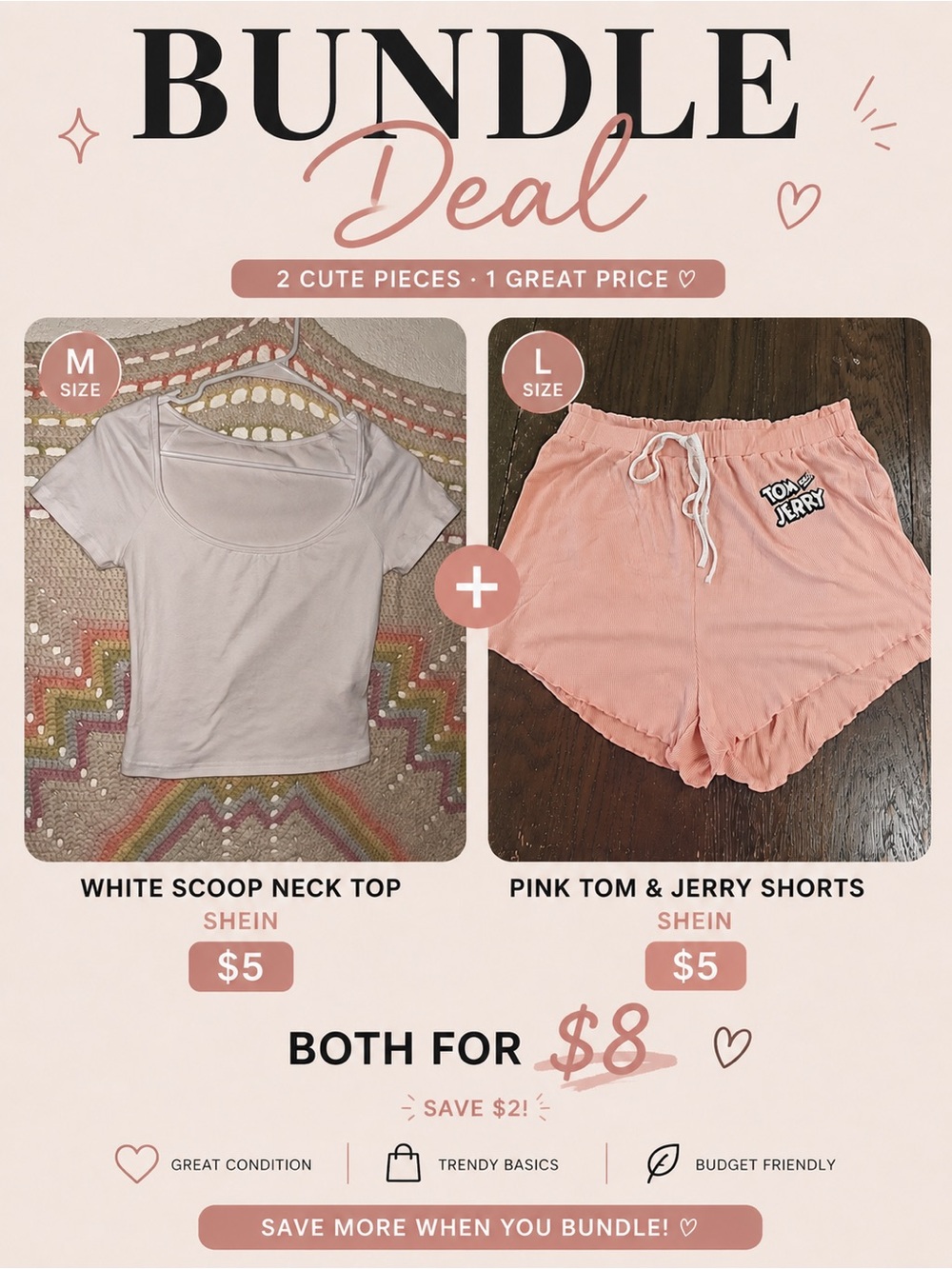 SHEIN White Scoop Neck Top & Pink Tom & Jerry Ruffle Shorts